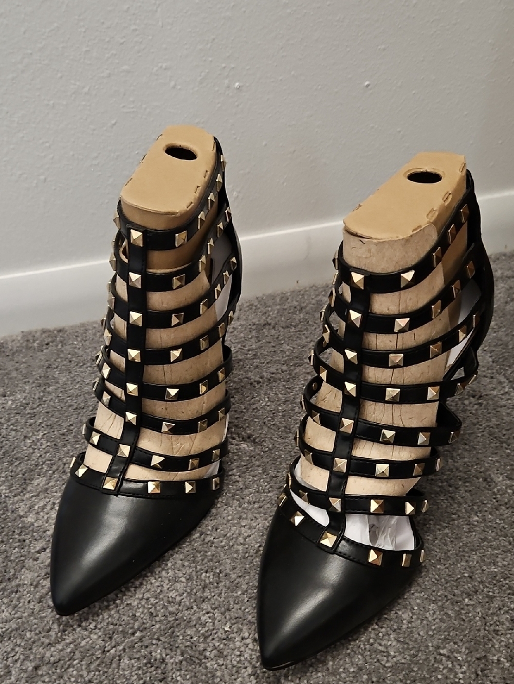 Mix No. 6 Black Pointed-Toe Strappy Heels with Gold Studs